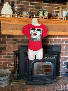 Occasion Red Graphic Tee with Rhinestone Lips and Ruched Side Ties